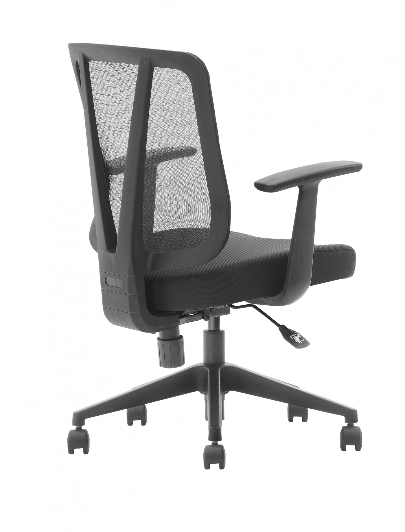 Black office chair, mesh back, armrests, and wheels. White background.