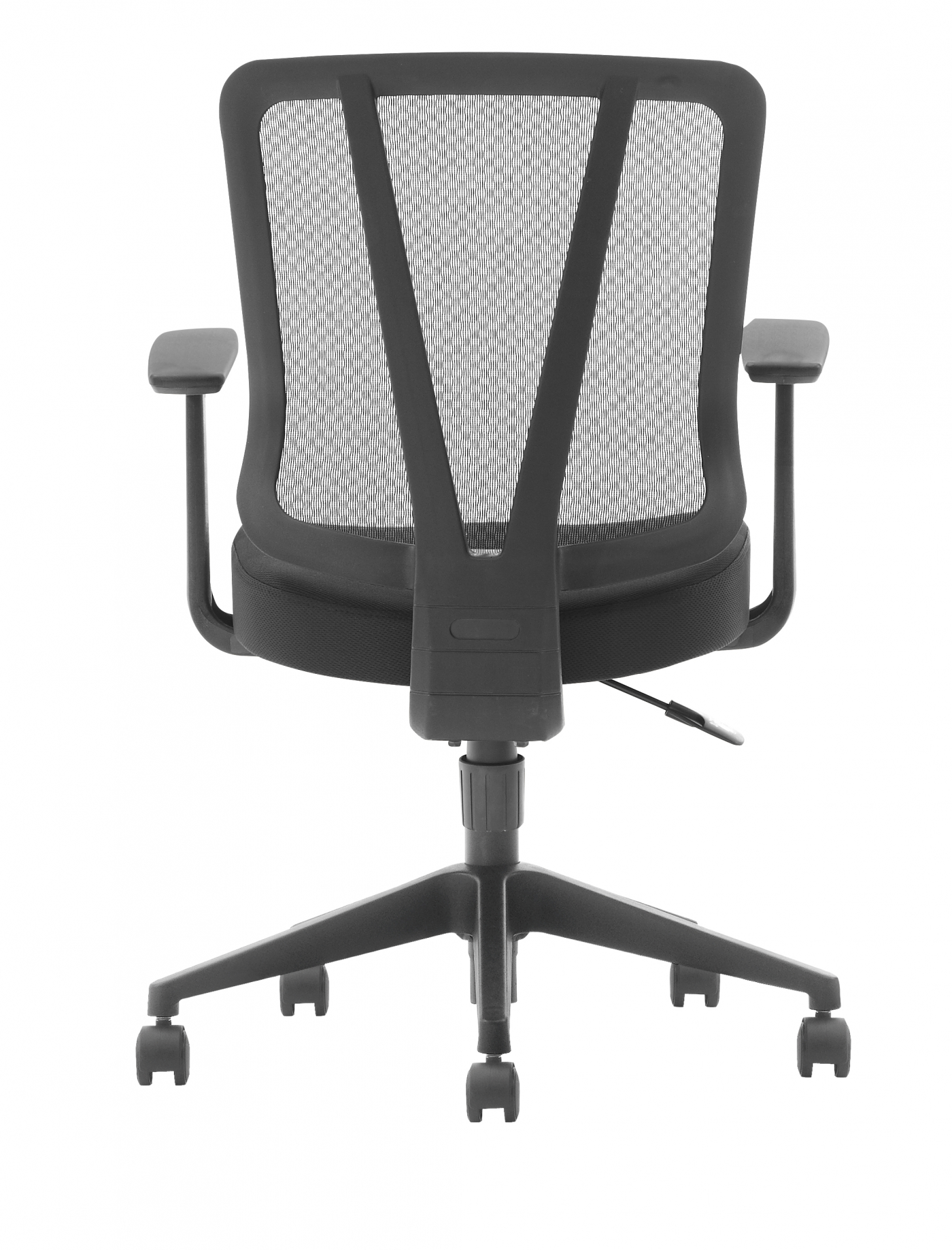 Black mesh office chair, back view. Armrests, wheels, and adjustable height.