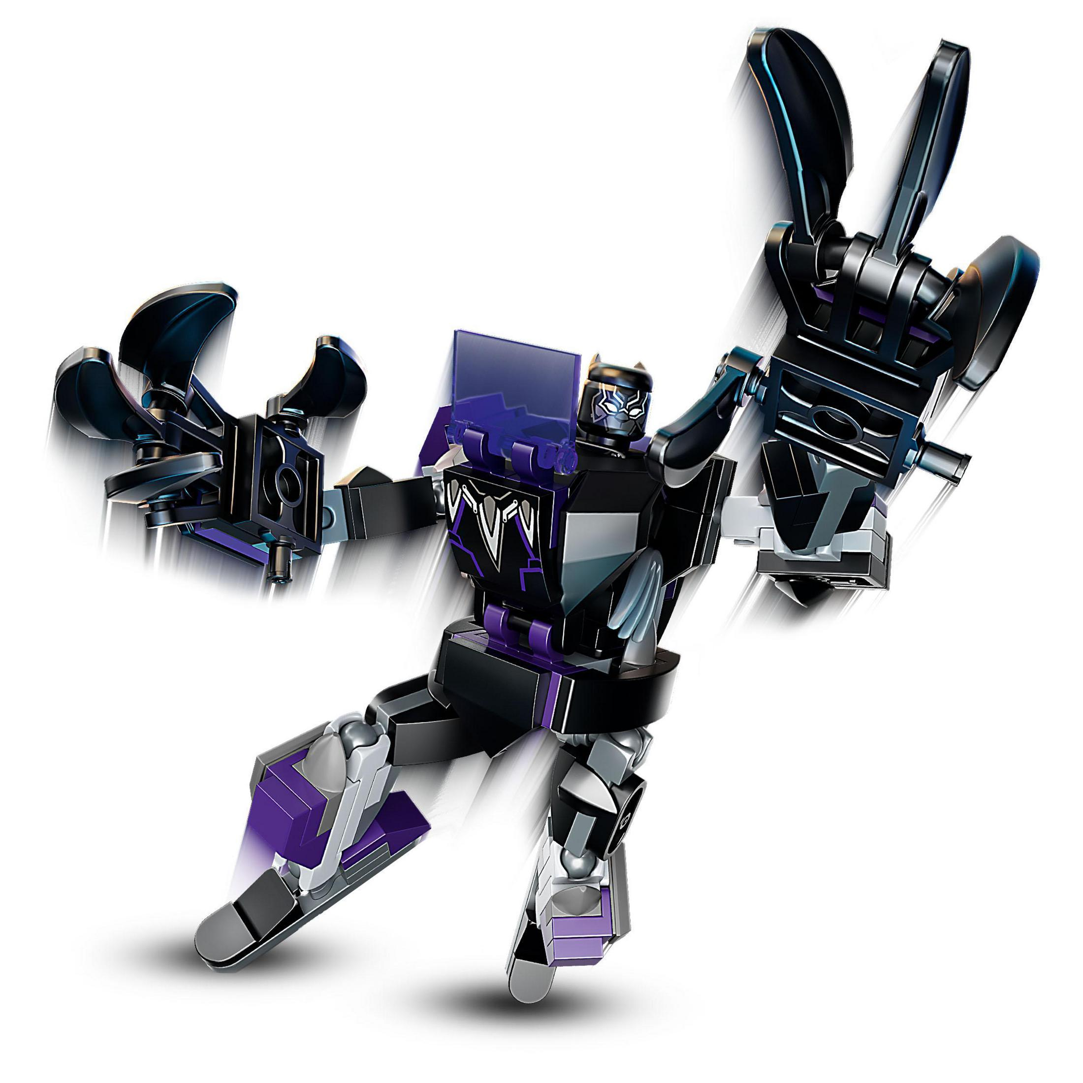 Schwarzer und lila Lego-Roboter in Aktionspose auf weißem Hintergrund.