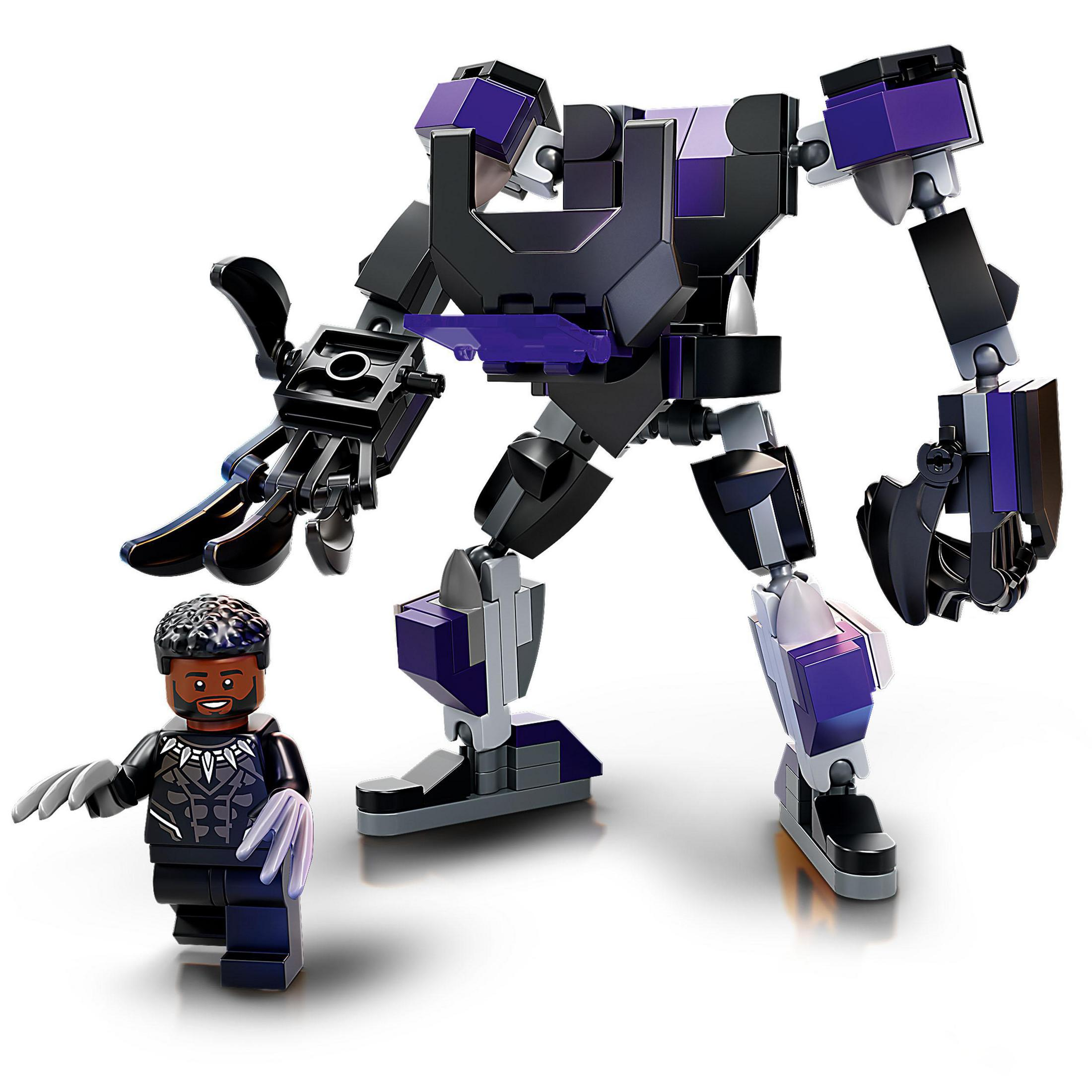 Eine Lego Black Panther Figur neben einem Lego Mech-Roboter. Der Roboter ist hauptsächlich schwarz und lila.