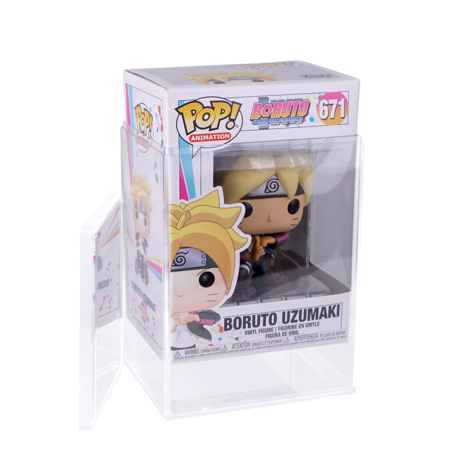 Eine Funko Pop Figur von Boruto Uzumaki in einem transparenten Display mit der Box.