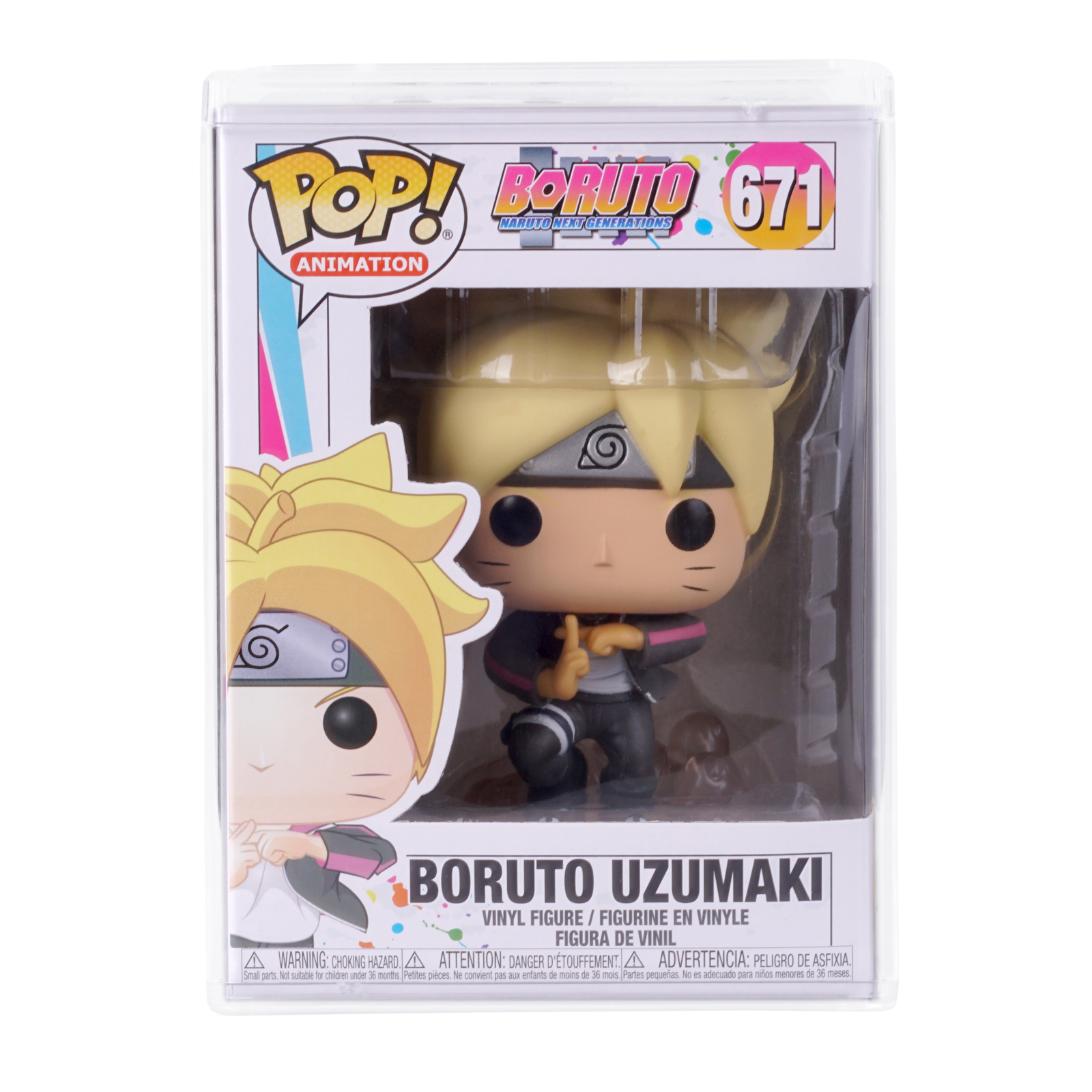 Boruto Uzumaki Figur in einer transparenten Box. Blonde Haare, schwarzes und rosa Outfit, Hände hoch.