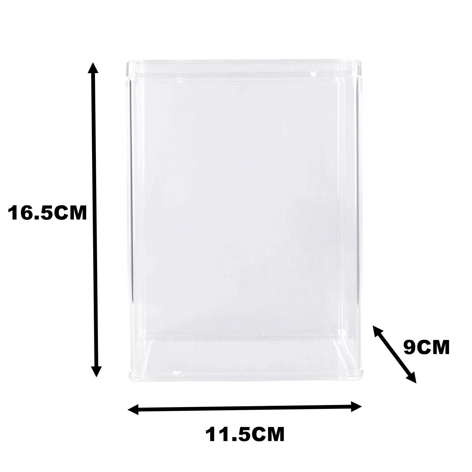 Transparente Acrylbox mit Maßangaben: 16,5 cm hoch, 9 cm tief, 11,5 cm breit.