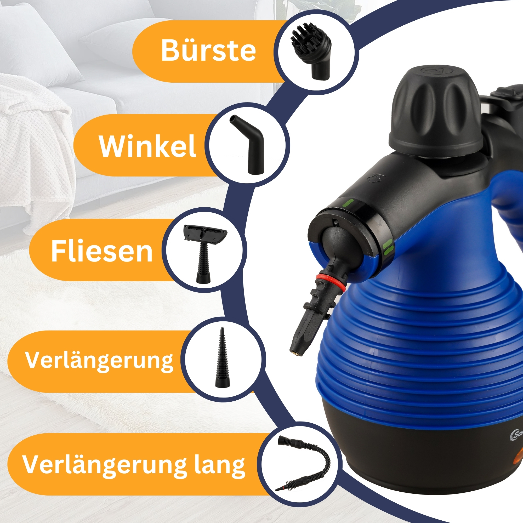 Ein Dampfreiniger mit beschrifteten Aufsätzen. Details sind auf Deutsch.