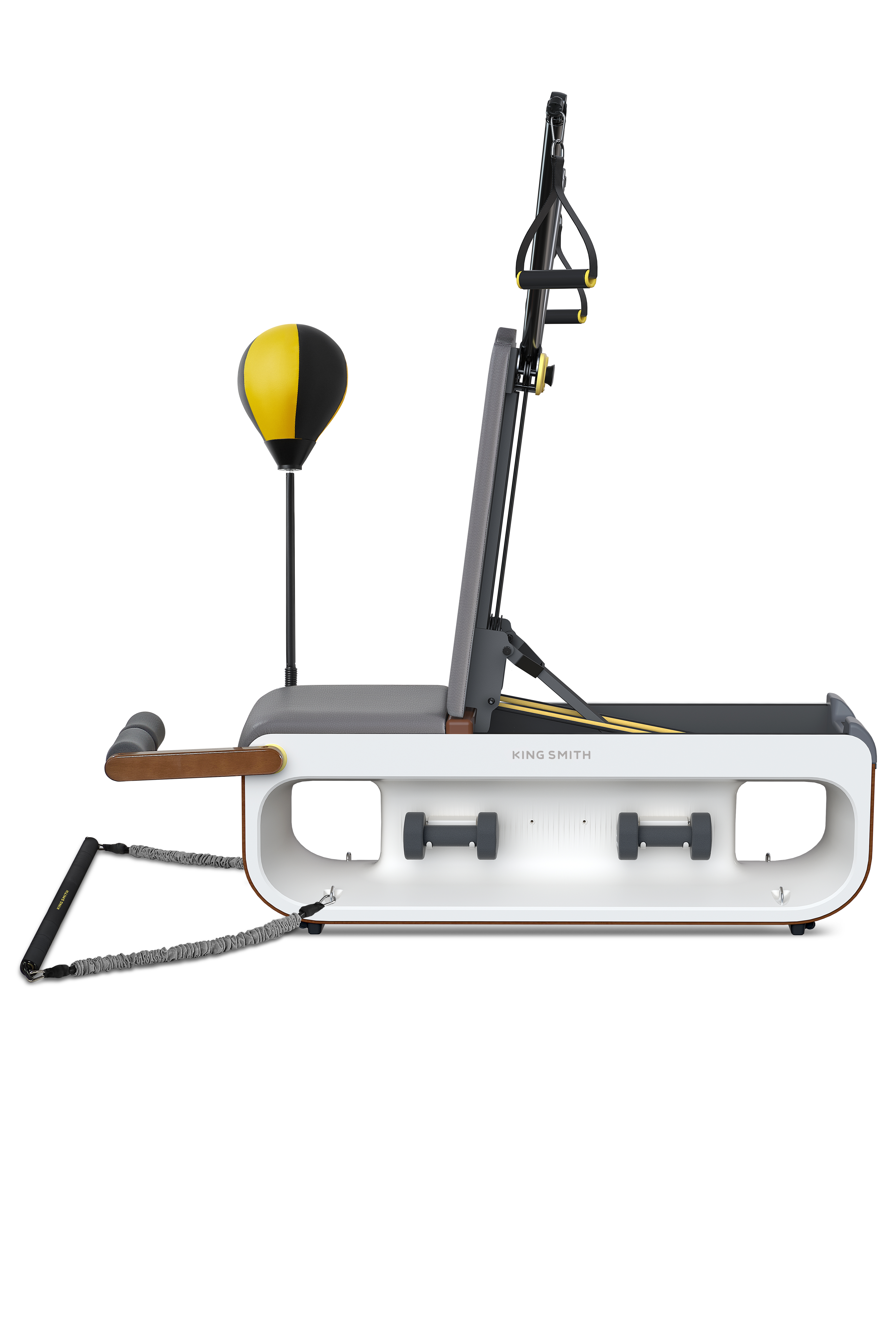 Wielofunkcyjne urządzenie do ćwiczeń z workiem bokserskim, ciężarkami i innymi akcesoriami.