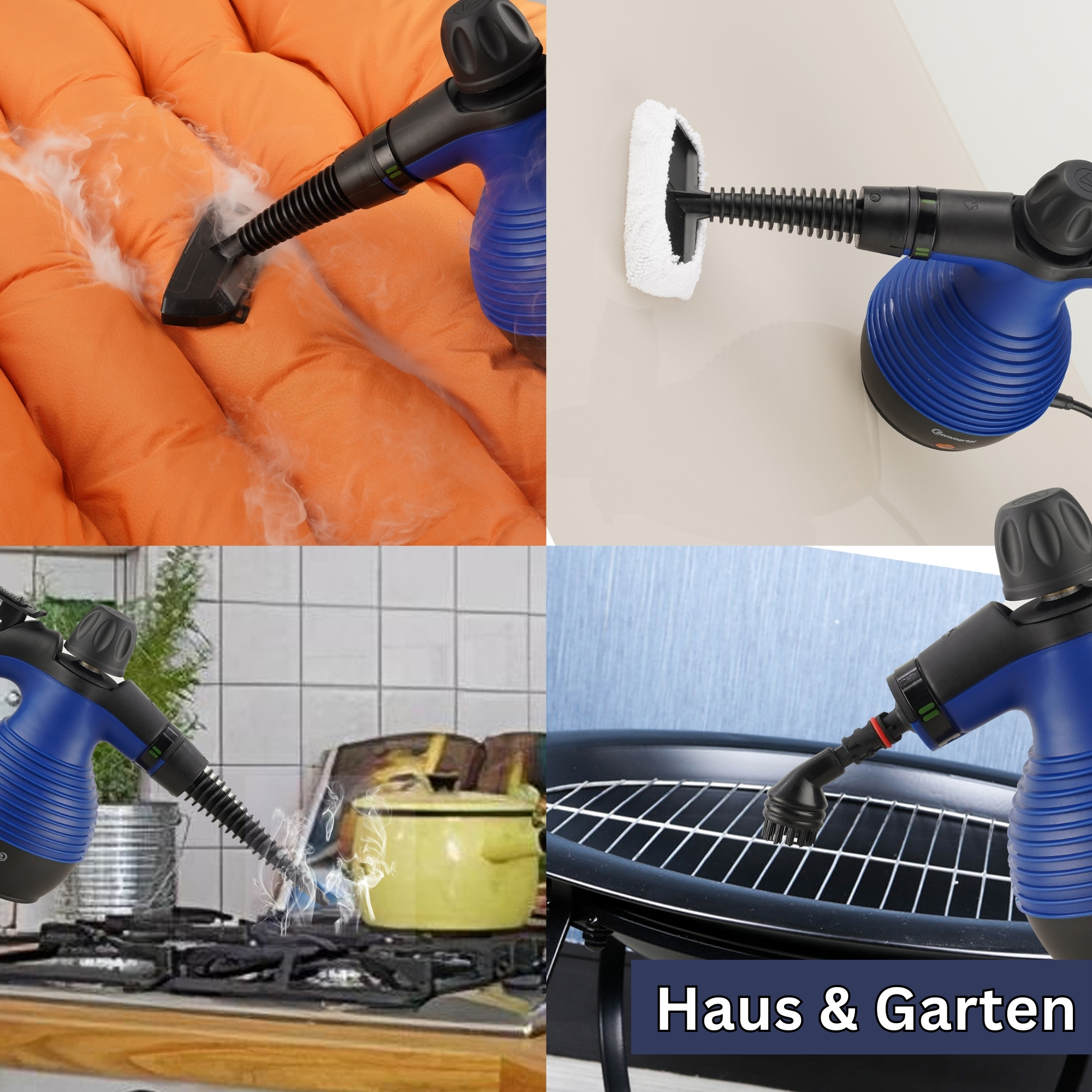 Eine Collage von Dampfreinigungswerkzeugen, die ein orangefarbenes Kissen, eine Wand, einen Herd und einen Grill reinigen.