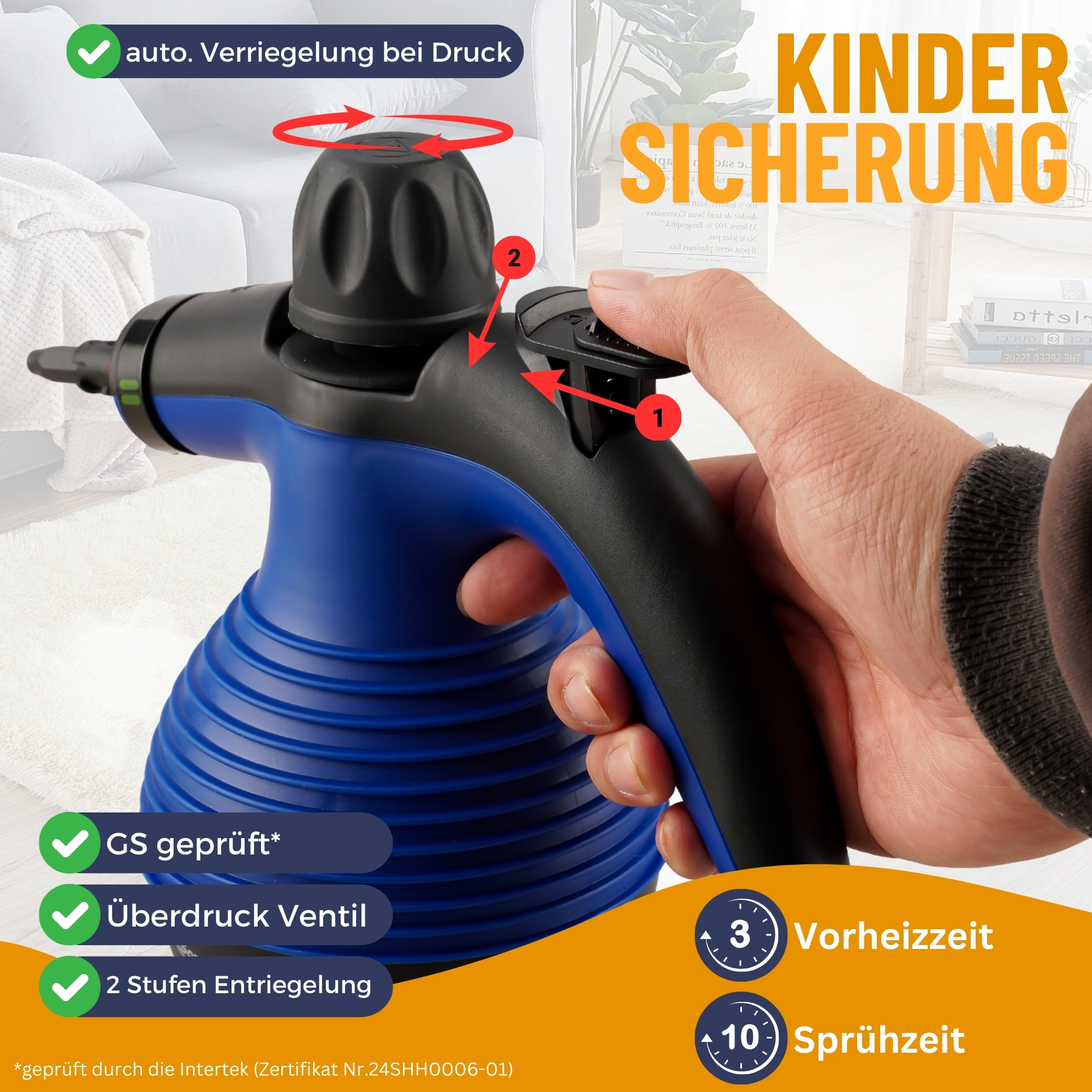 Ein blau-schwarzer Dampfreiniger. Eine Hand zeigt auf das Bedienfeld.