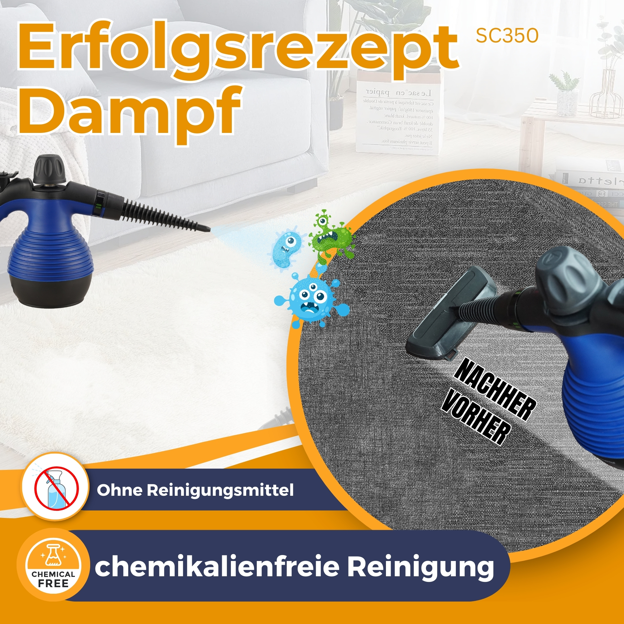 Ein Dampfreiniger wird auf einem Teppich verwendet. Text zeigt Vorher-Nachher-Effekte und sagt: 