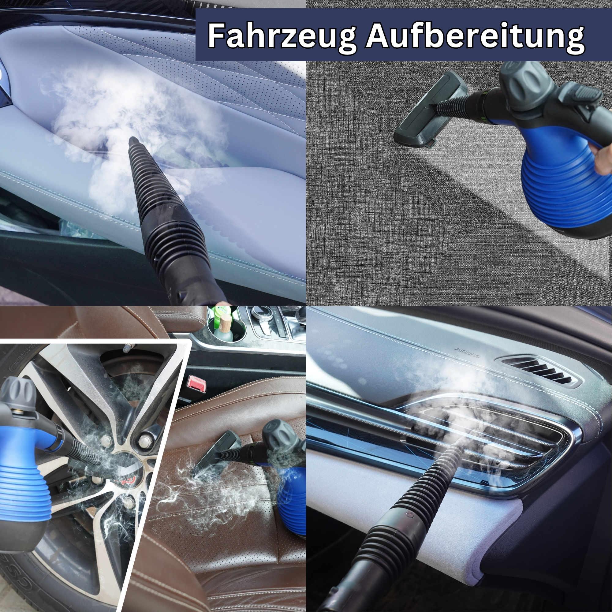 Dampfreiniger reinigt ein Autoinnenraum; Sitze, Armaturenbrett und Räder.