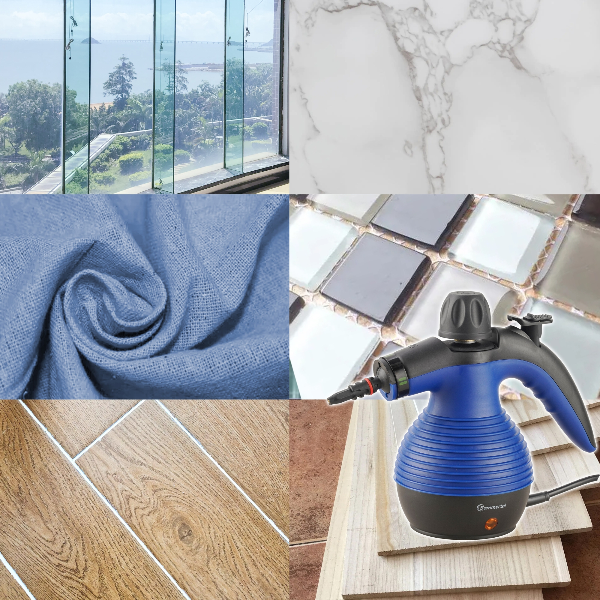 Collage von Bildern: Fensterblick, Marmortextur, blauer Stoff, Fliesen, Dampfreiniger, Holztextur.