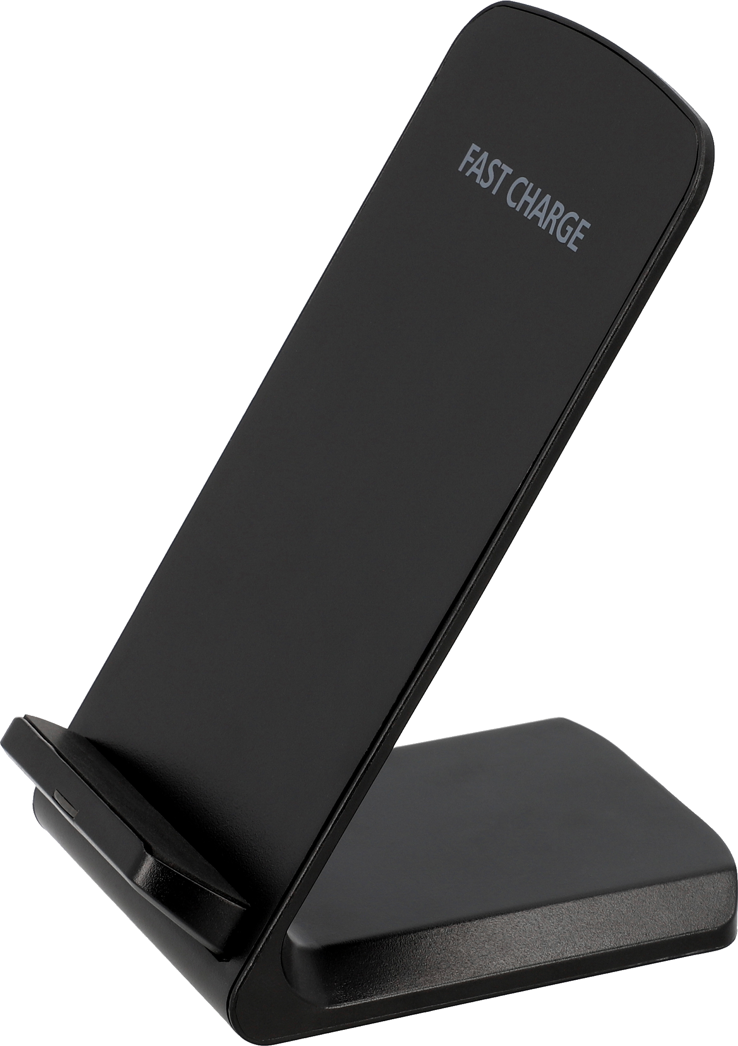 Schwarzes, abgewinkeltes Telefonladegerät. Auf dem Ladegerät steht 'FAST CHARGE'.