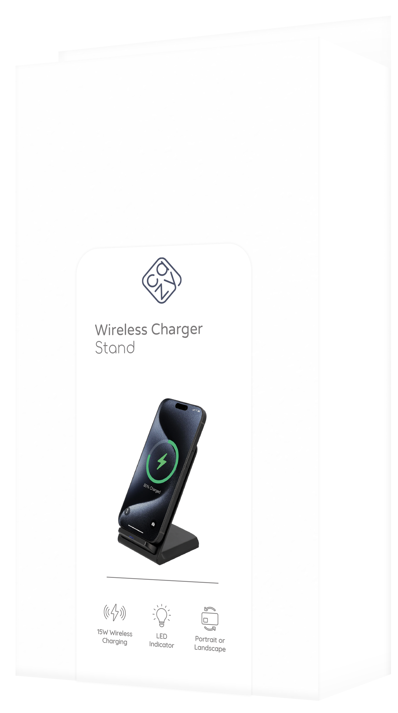 Weiße Box mit Bild eines kabellosen Ladegerätständers und Infos: 15W, LED-Anzeige, Hoch- oder Querformat.