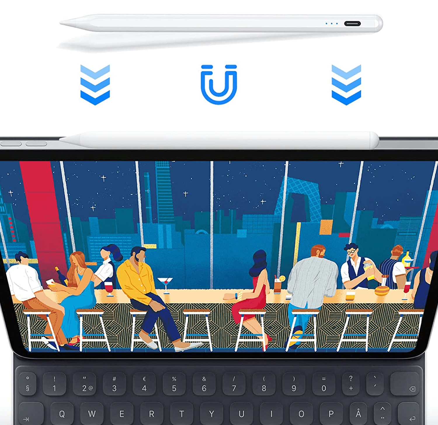 Ekran tabletu przedstawiający bar z ludźmi, z rysikiem powyżej.