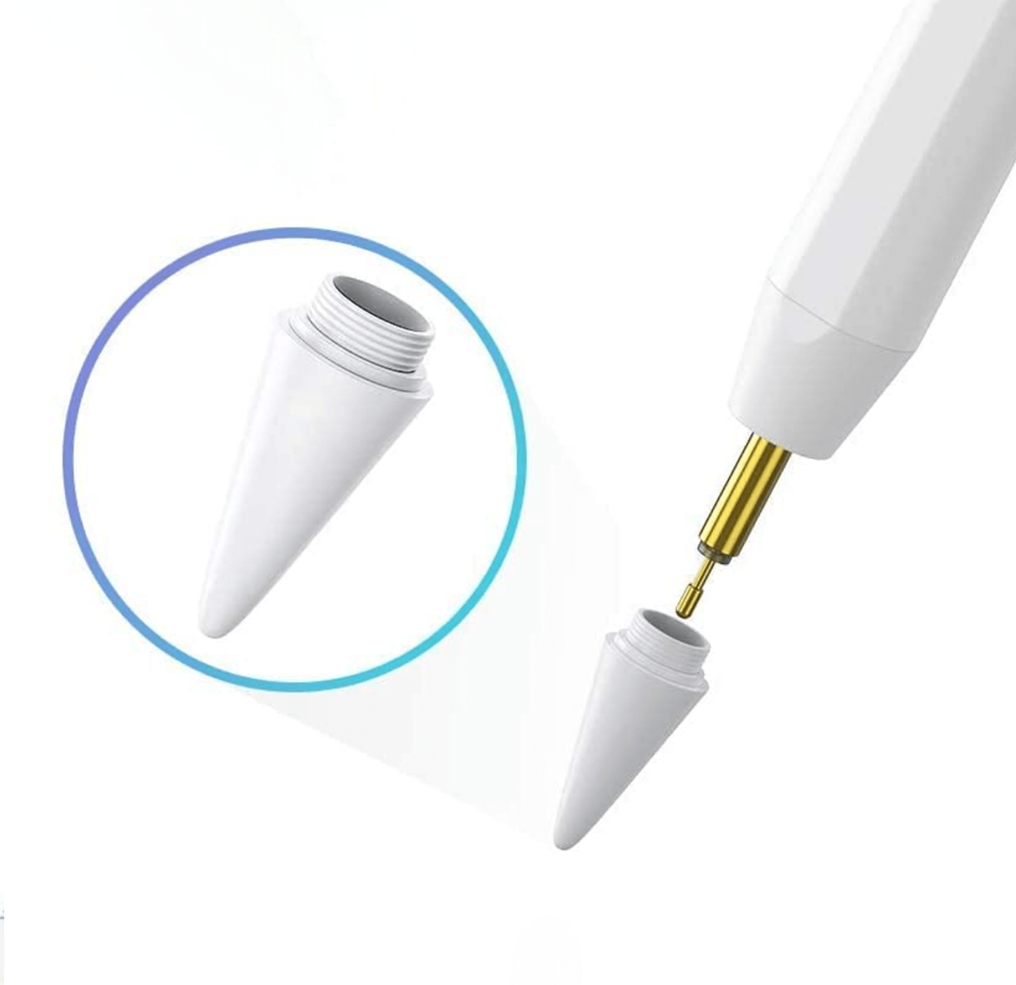 Biała końcówka rysika i złącze, oddzielone, pokazujące wewnętrzne złote złącze.