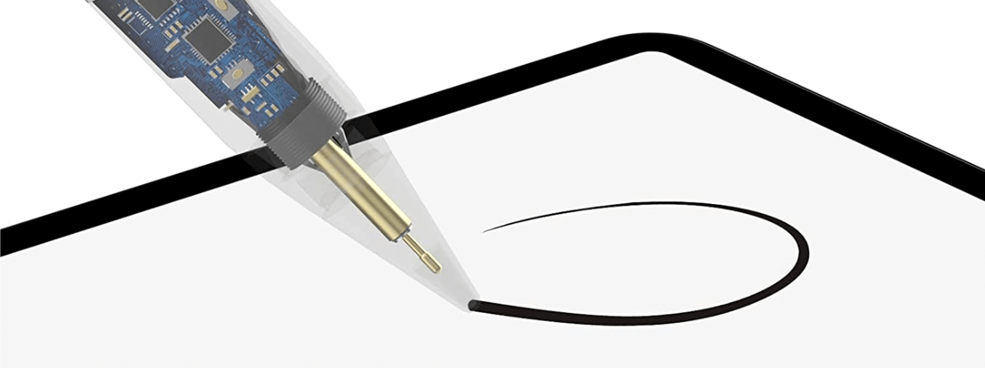 Rysik rysujący zakrzywioną linię. Pióro jest przezroczyste z niebieskimi obwodami. Białe tło.