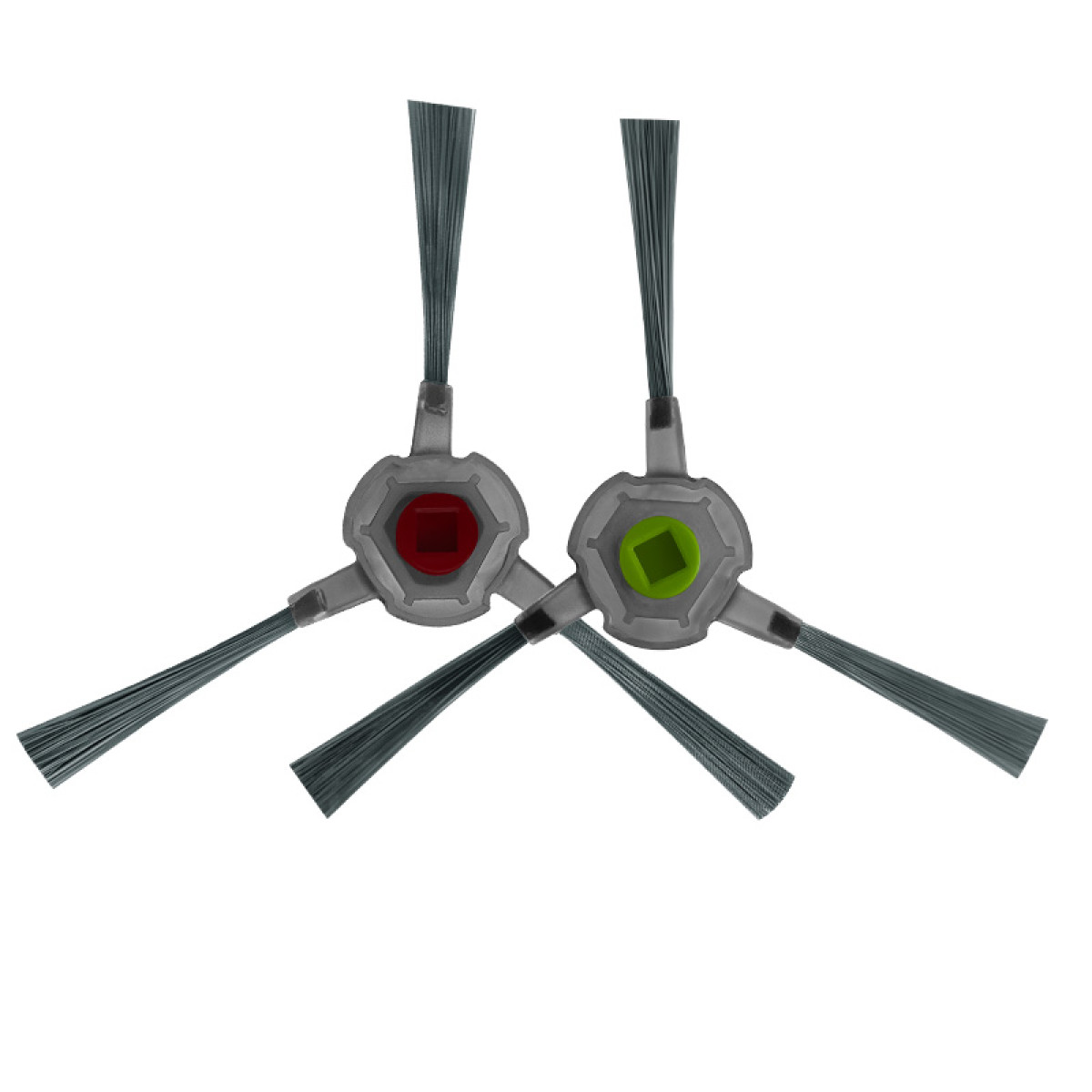 Zwei Roboter-Staubsaugerbürsten. Eine rot, eine grün. Grauer Körper und Borstendetail.