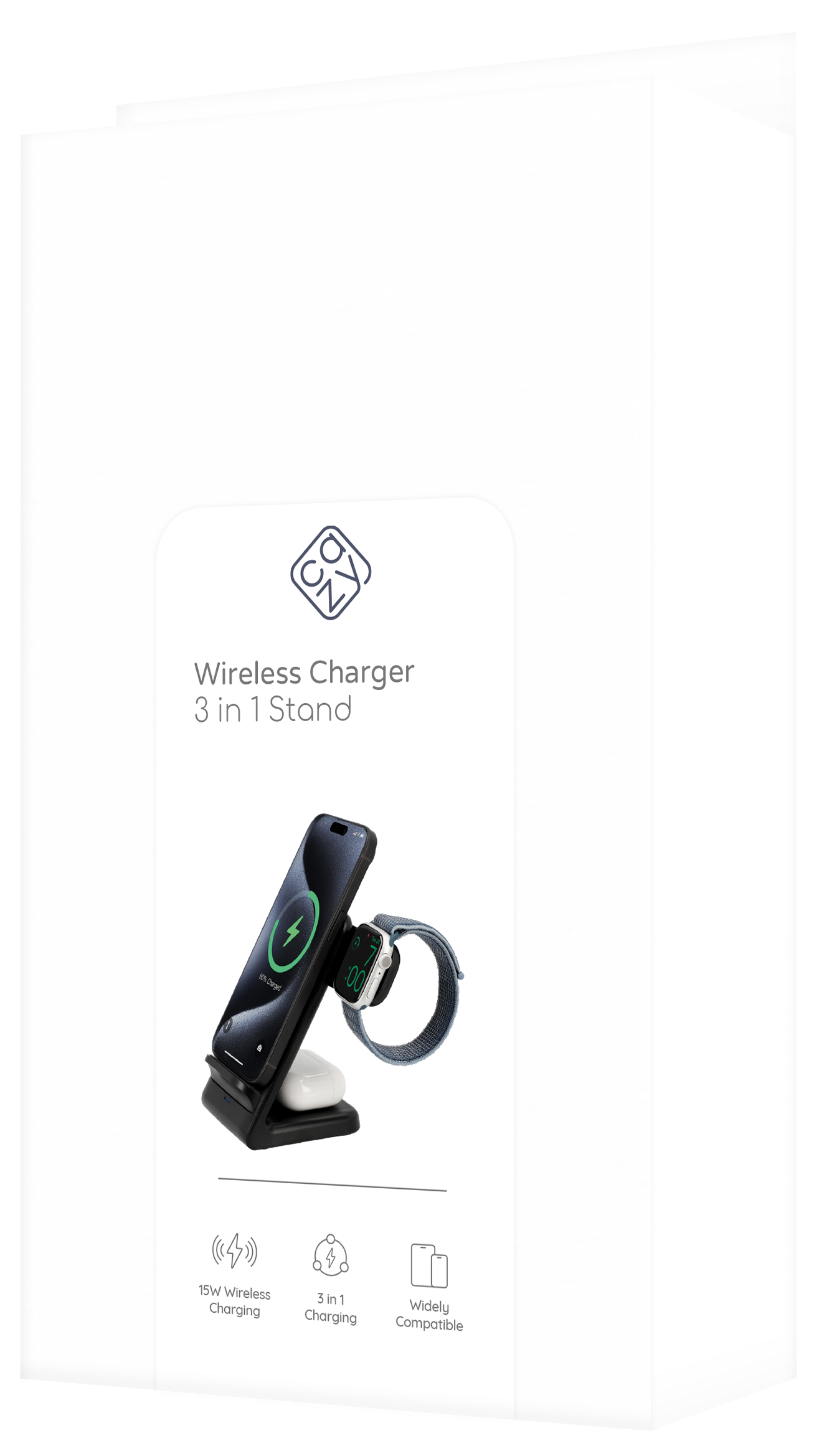 Karton eines kabellosen Ladeständers mit Handy, Uhr und Ohrhörern, die aufgeladen werden.