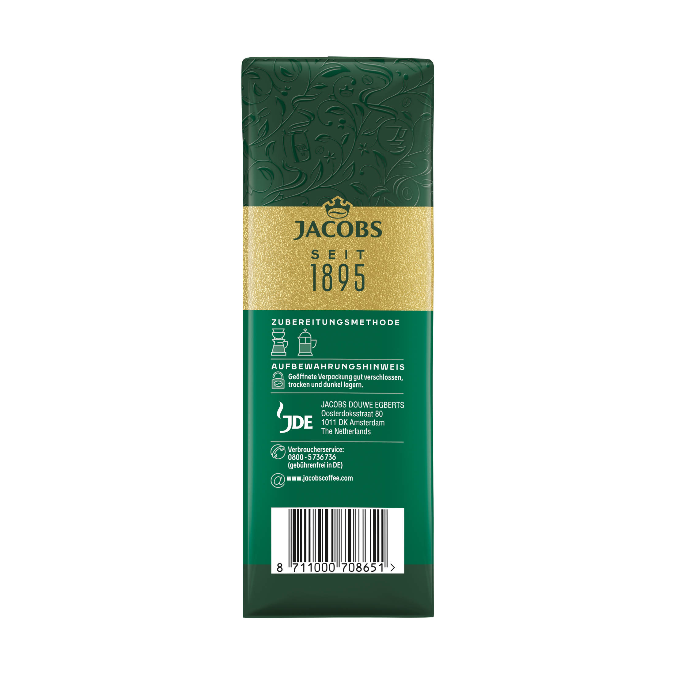 Kaffeepackung, Marke Jacobs, dunkelgrün mit Text und Logo.