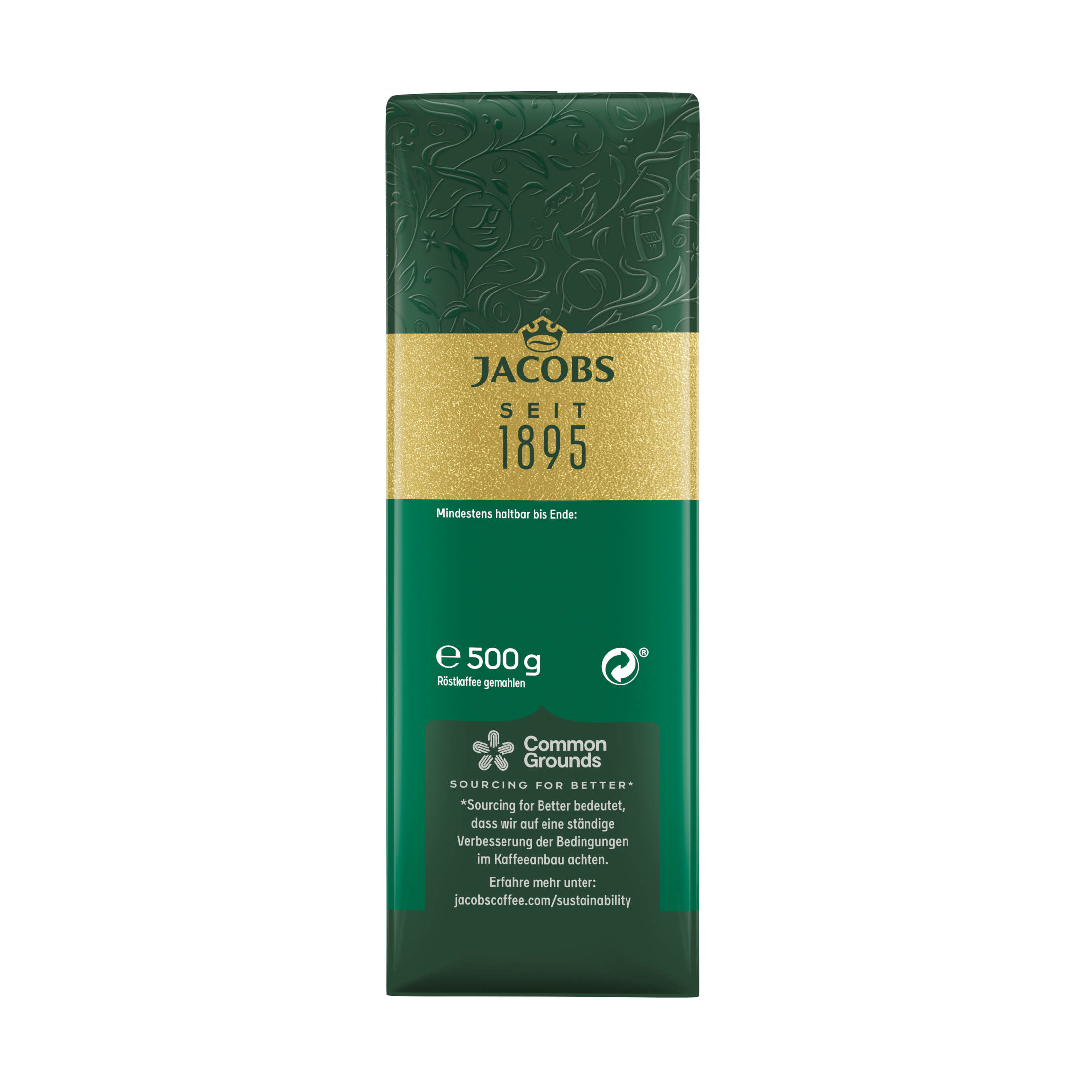 Ein grüner Jacobs-Kaffeebeutel mit Details, einschließlich Markenname und 'Common Grounds'.