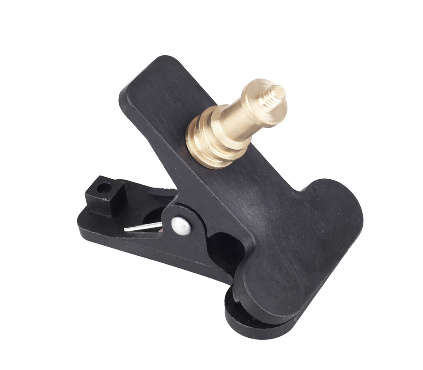 Eine schwarze Klemme mit einem messingfarbenen Bolzen. Sie ist zum Festklemmen an Objekten konzipiert.