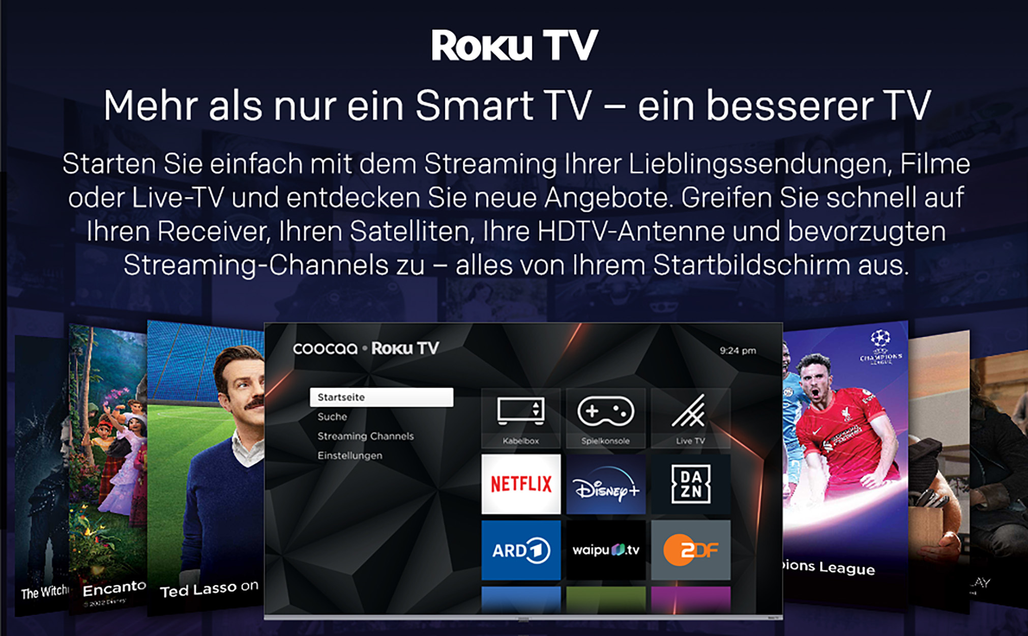 Eine Roku TV-Oberfläche mit mehreren Streaming-App-Symbolen, einschließlich Netflix und Disney+, auf dunklem Hintergrund.