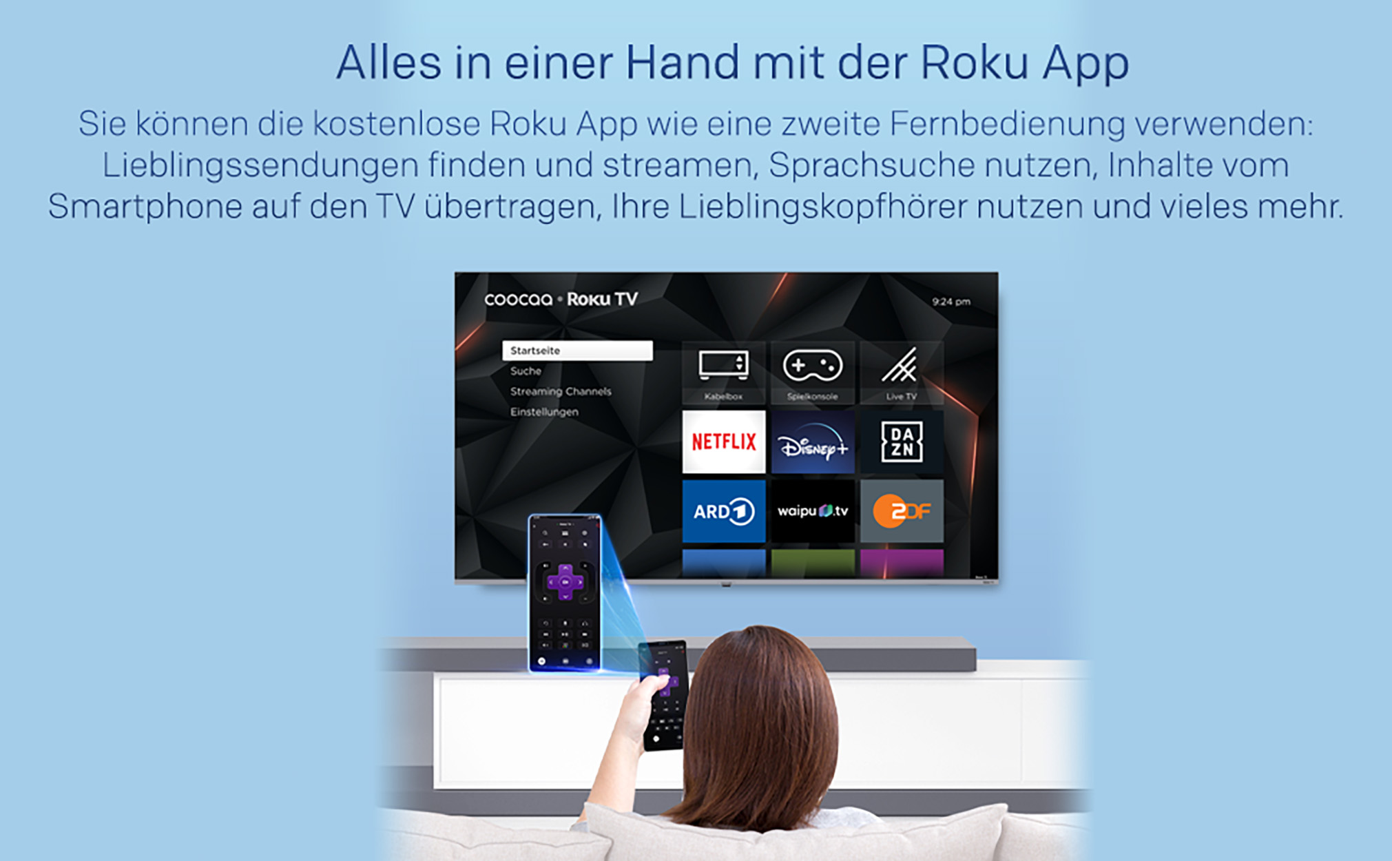 Frau, die eine Roku-Fernbedienung benutzt, um einen Fernseher mit Streaming-Apps zu steuern.