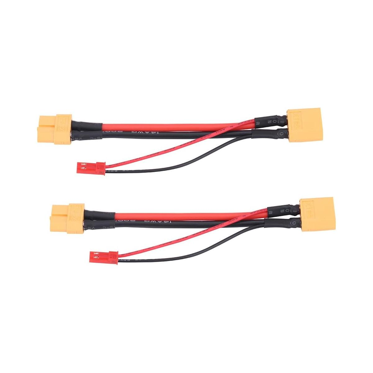 Zwei gelb-schwarze Stecker mit roten und schwarzen Drähten auf weißem Untergrund.