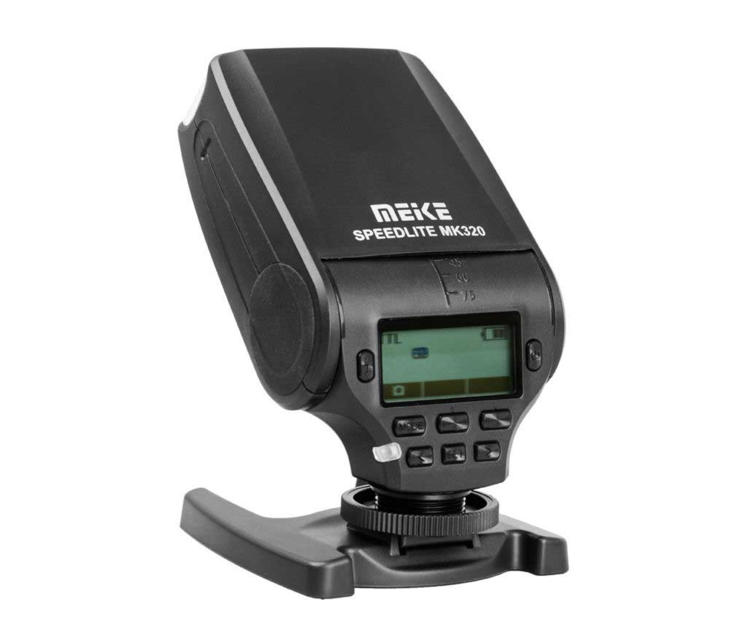 Ein schwarzes Meike Speedlite MK320 Blitzgerät mit Display, montiert auf einem Ständer.