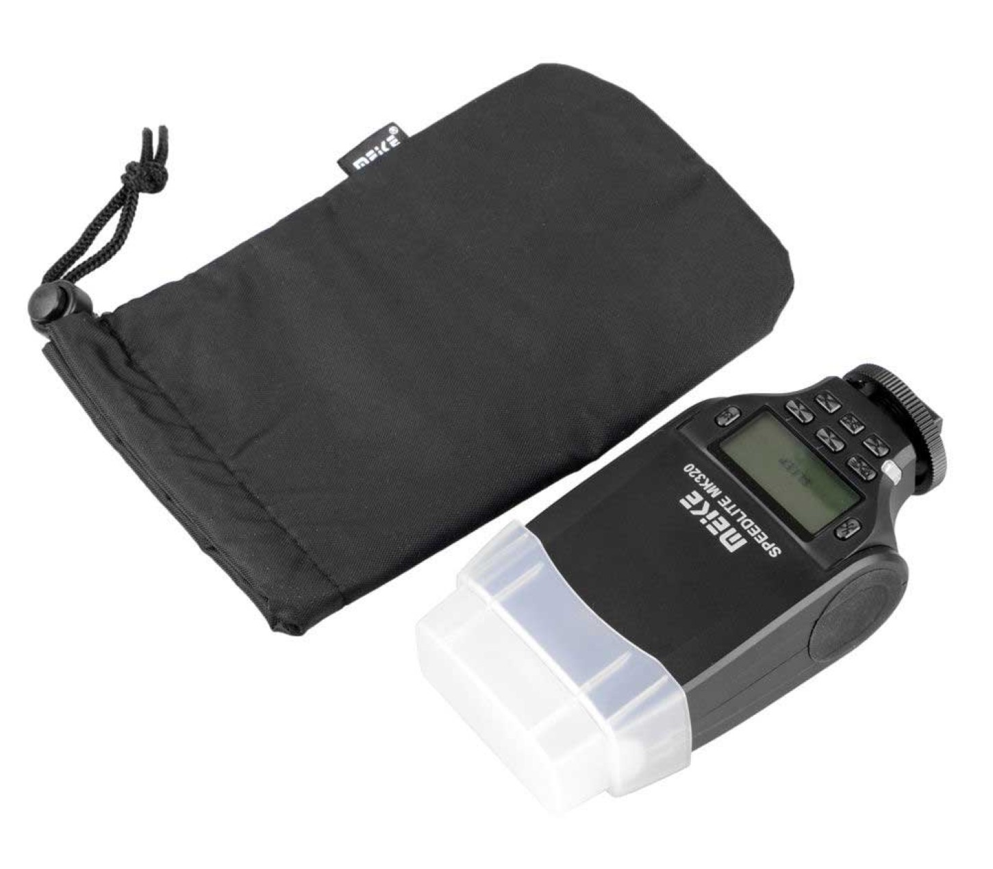 Schwarzer Speedlite-Blitz mit Tragetasche, mit Bedienknöpfen und LCD.