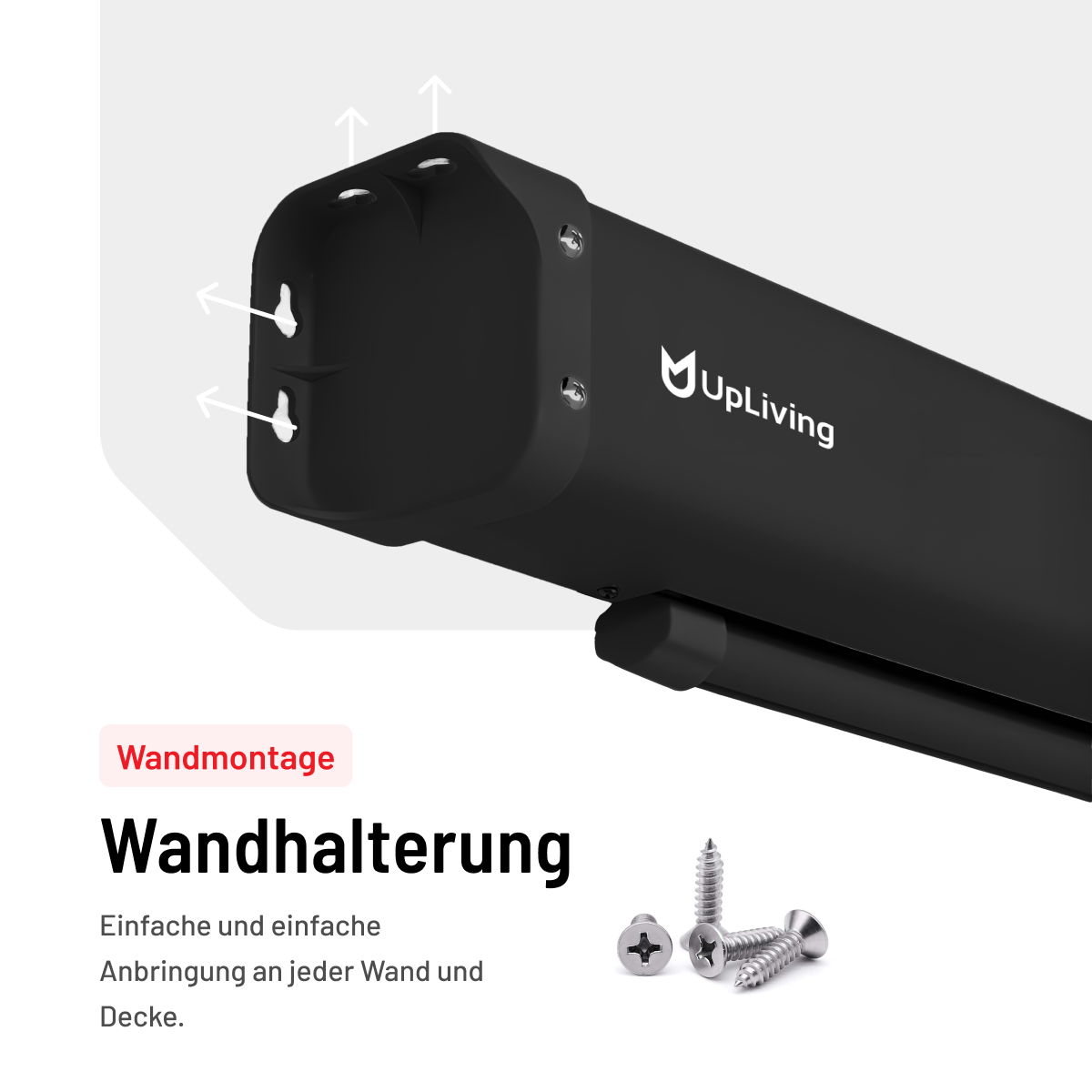 Schwarzes Markisenbauteil mit Montageanleitung und Schrauben. Text: 'Wandhalterung'.