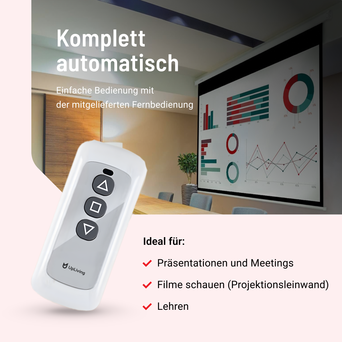 Weiße Fernbedienung mit Tasten, vor einem Bildschirm mit Grafiken.