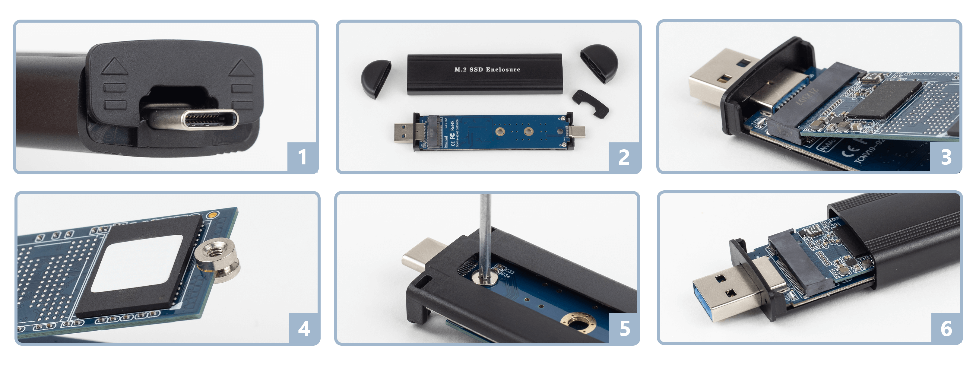 Sechs Bilder, die die Montage eines M.2-SSD-Gehäuses mit USB-Anschluss zeigen.