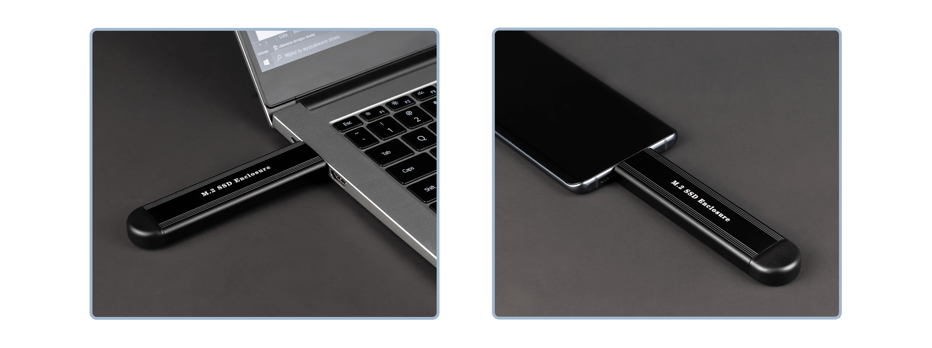 Zwei Bilder eines M.2-SSD-Gehäuses, das an einen Laptop und ein Smartphone angeschlossen ist.