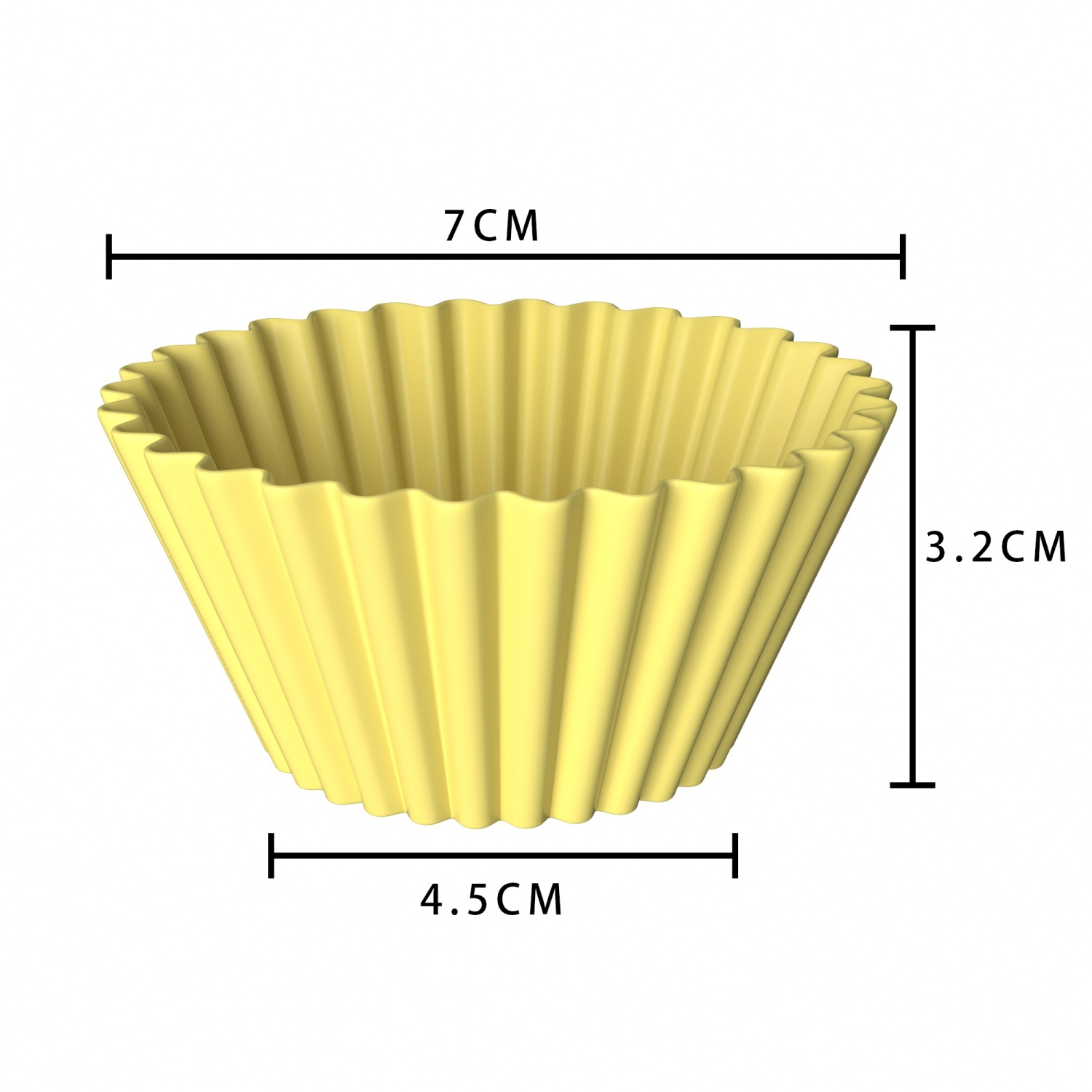 Gelbe Papier-Backform. Maße: 7cm breit, 3,2cm hoch, 4,5cm Basisbreite.