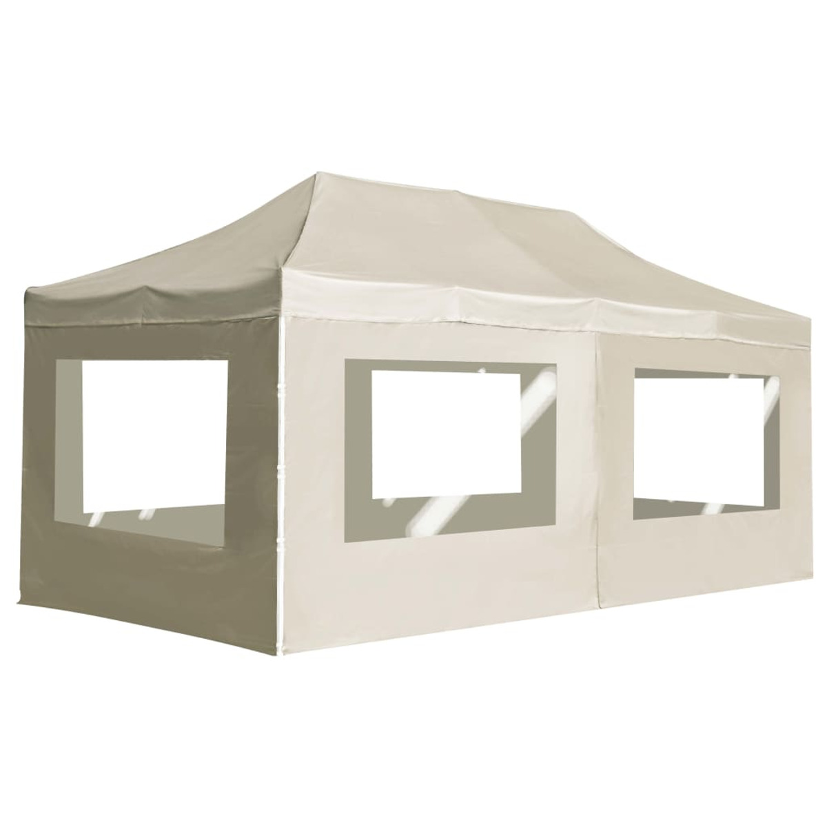 Beige Outdoor-Zelt mit drei transparenten Fenstern. Der Hintergrund ist weiß.
