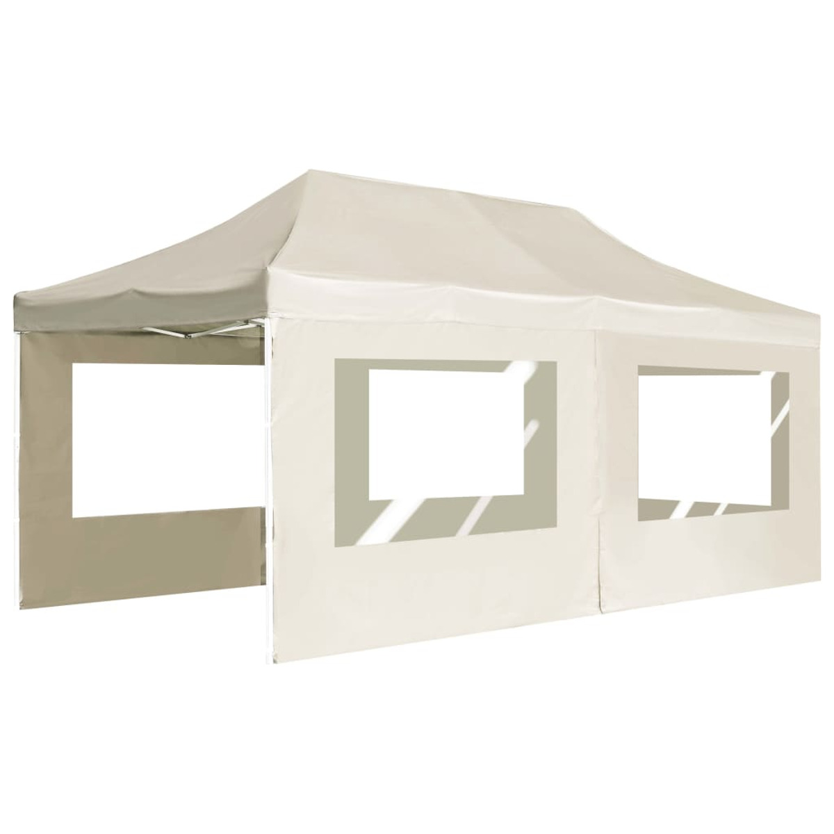 Beiges Pop-up-Zelt mit drei Fenstern, im Freien an einem sonnigen Tag aufgebaut.