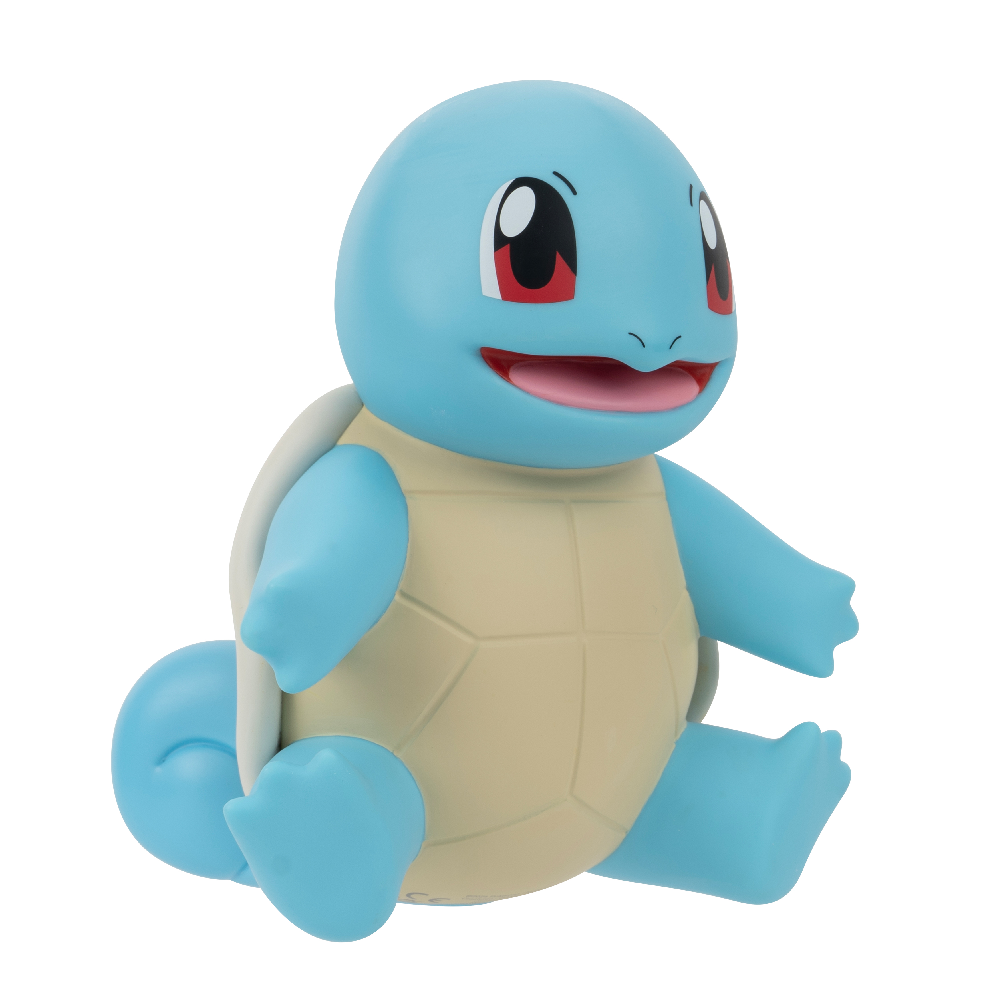 Squirtle, ein blauer Pokémon-Charakter, sitzt. Es hat einen cremefarbenen Panzer und rote Wangen.