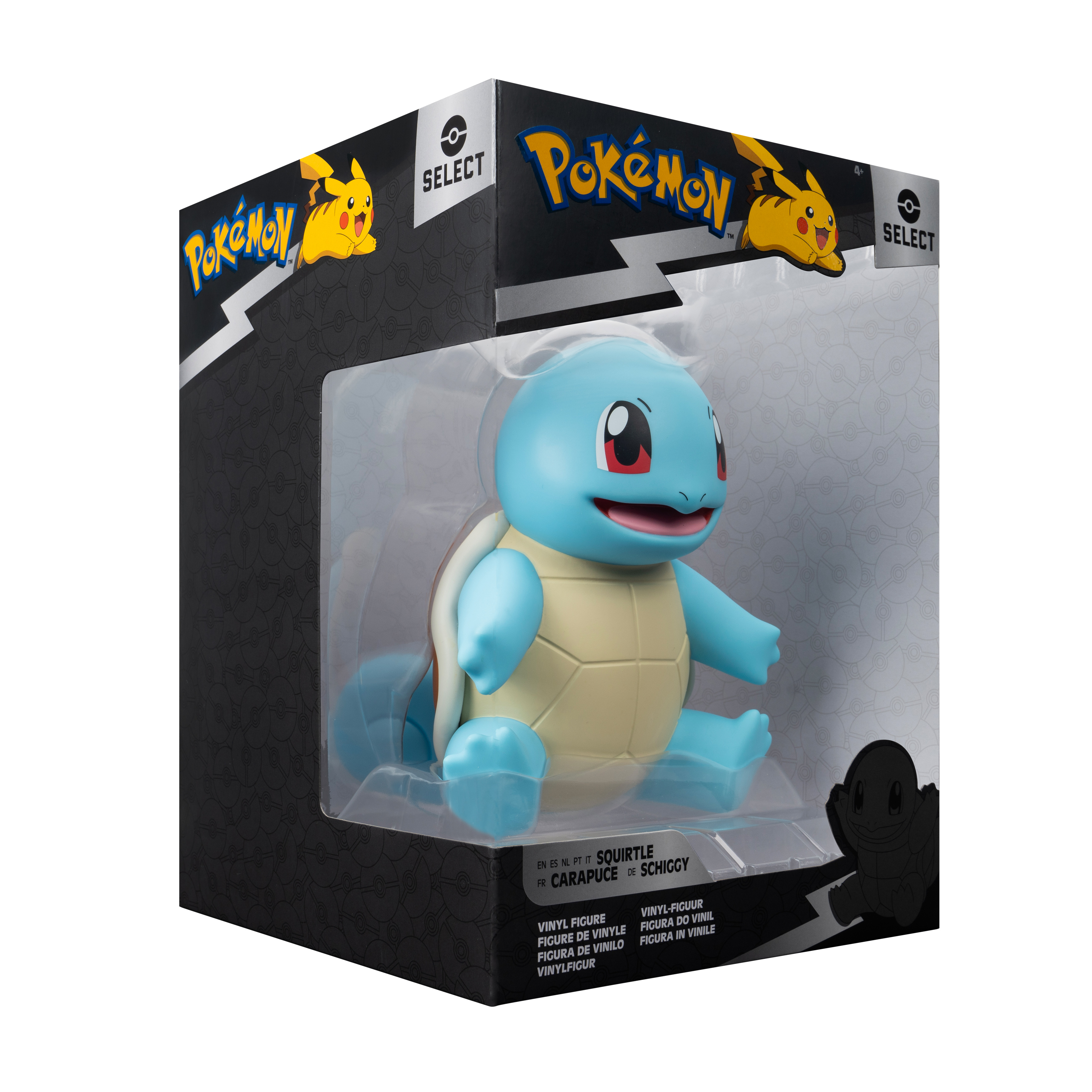 Squirtle-Spielzeug in einer Pokémon-Box. Blau und beige, mit lächelndem Gesicht.