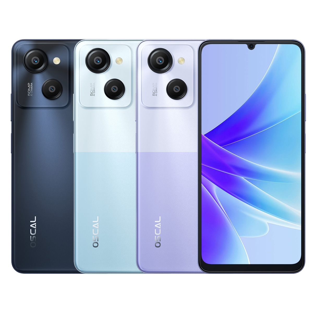 Tres smartphones en azul, celeste y morado. Cada uno tiene cámara y pantalla.