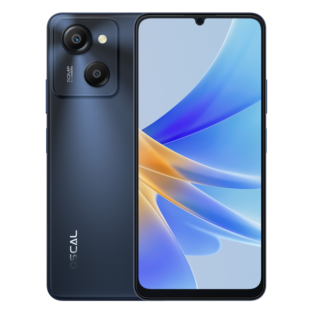Un teléfono azul. La parte trasera del teléfono muestra la cámara y el nombre de la marca.