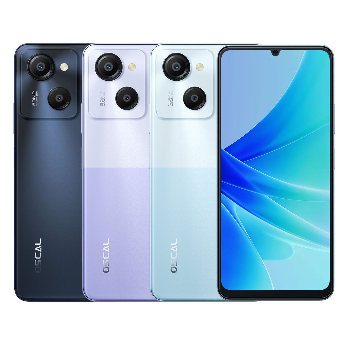 Tres smartphones en azul, morado y blanco, con múltiples cámaras y pantalla negra.
