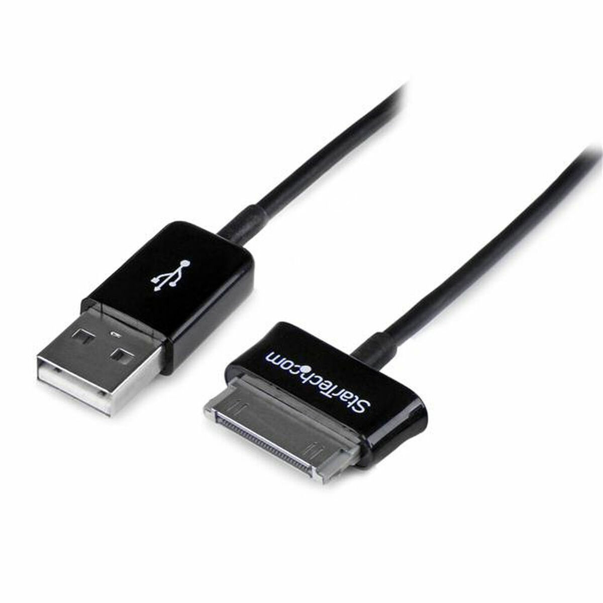 Cavo di ricarica USB. Cavo nero con connettore USB e connettore più piccolo per dispositivi Apple.