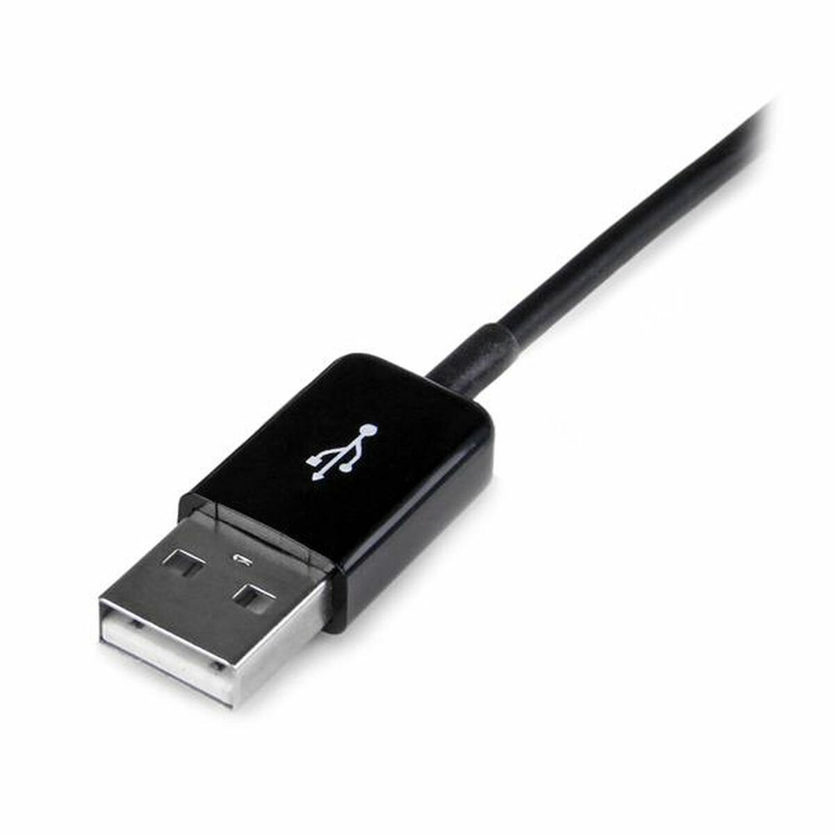 Connettore per cavo USB nero con un simbolo USB, su sfondo bianco.
