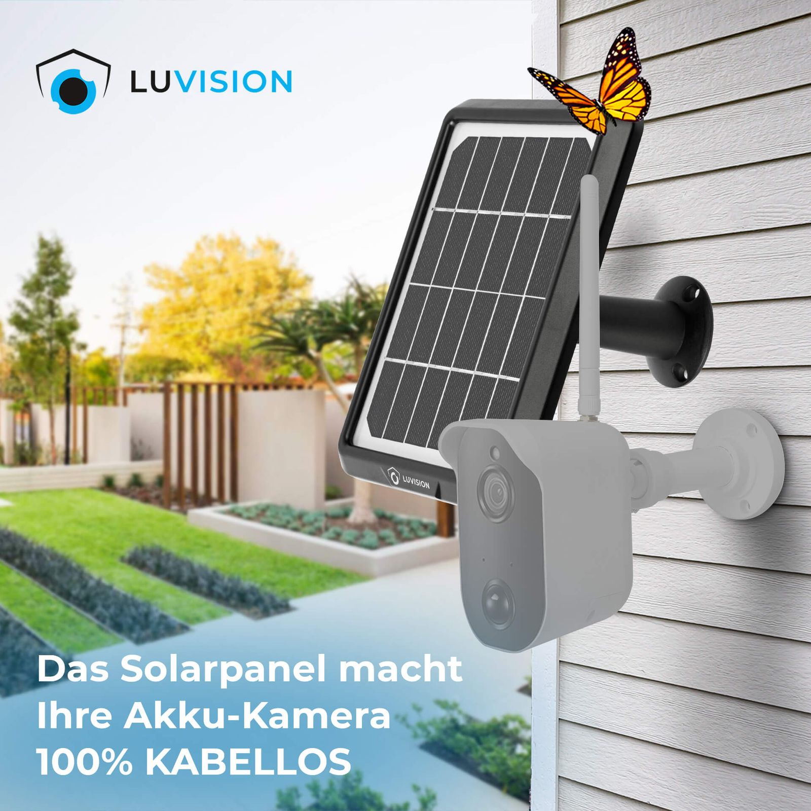 Solarpanel mit Sicherheitskamera, an einer Wand montiert, mit Schmetterling.