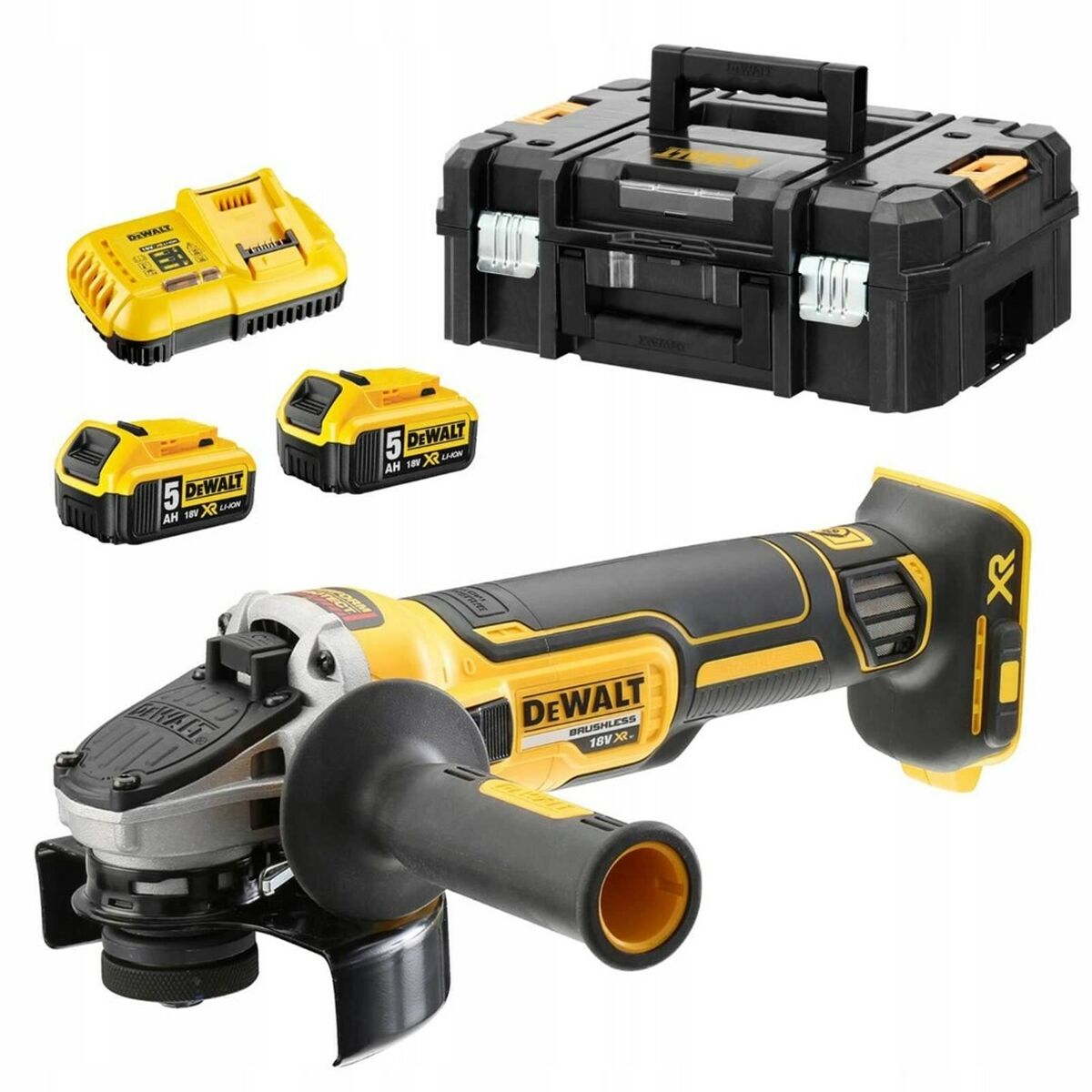Ein gelb-schwarzer Winkelschleifer, Akkus und eine Werkzeugbox auf weißem Hintergrund. Marke DeWalt sichtbar.