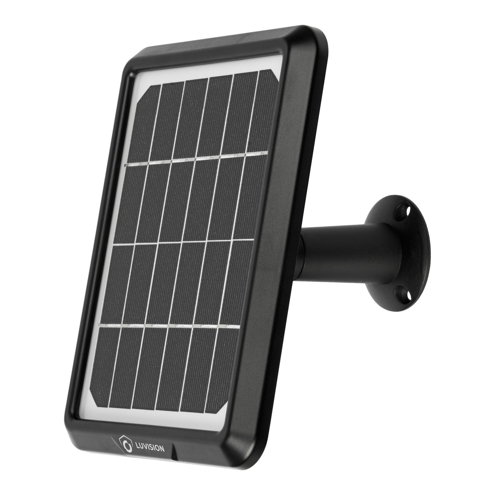Ein Solarpanel mit schwarzem Rahmen und Halterung auf weißem Hintergrund.