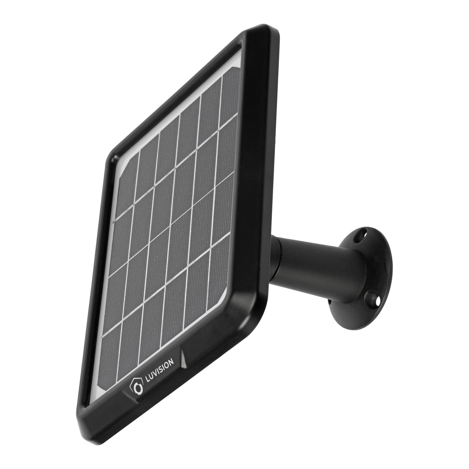 Ein schwarzes quadratisches Solarpanel, montiert auf einem schwarzen Arm. Es ist zum Betrachter hin abgewinkelt, weißer Hintergrund.