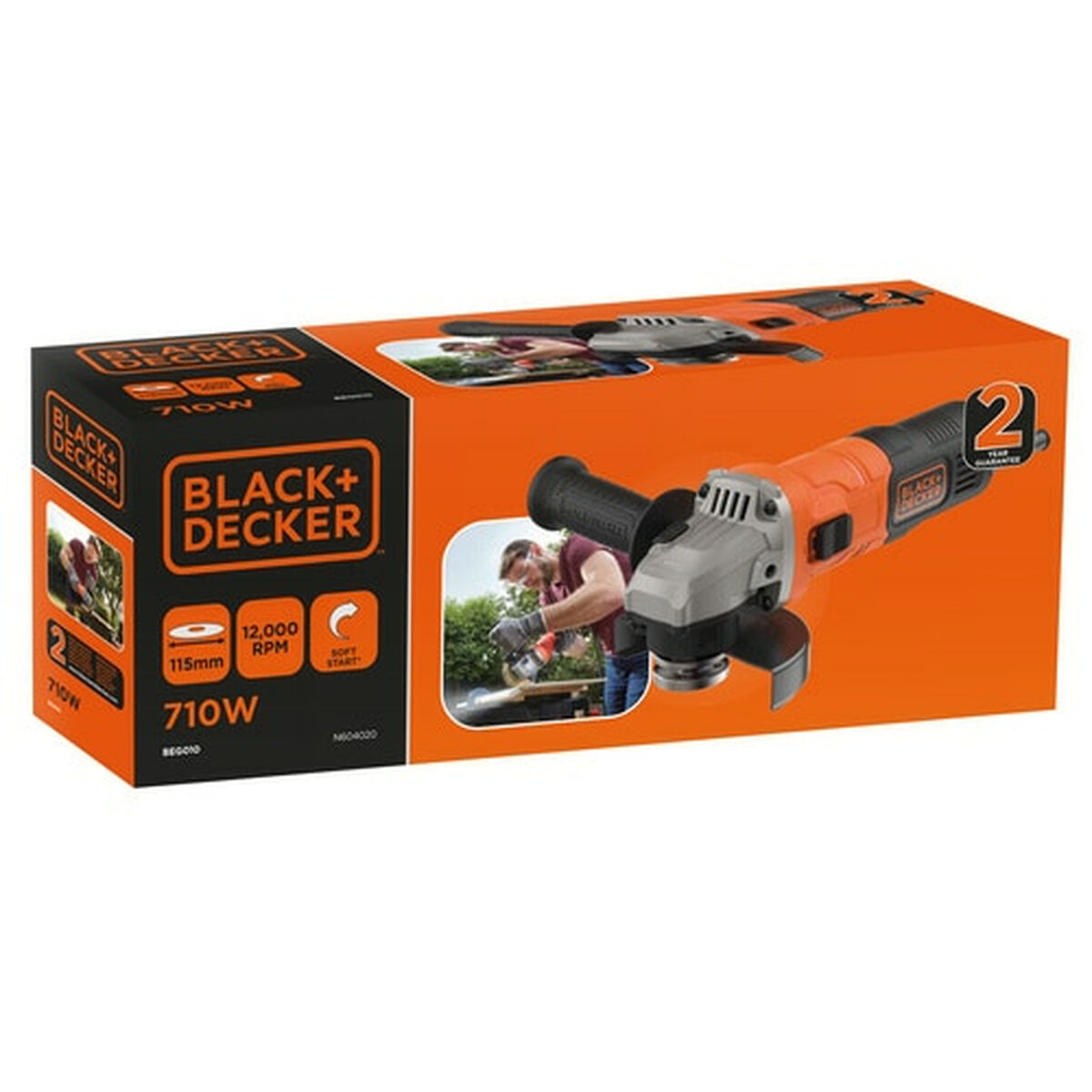Czarno-pomarańczowa szlifierka kątowa Black+Decker w pudełku.