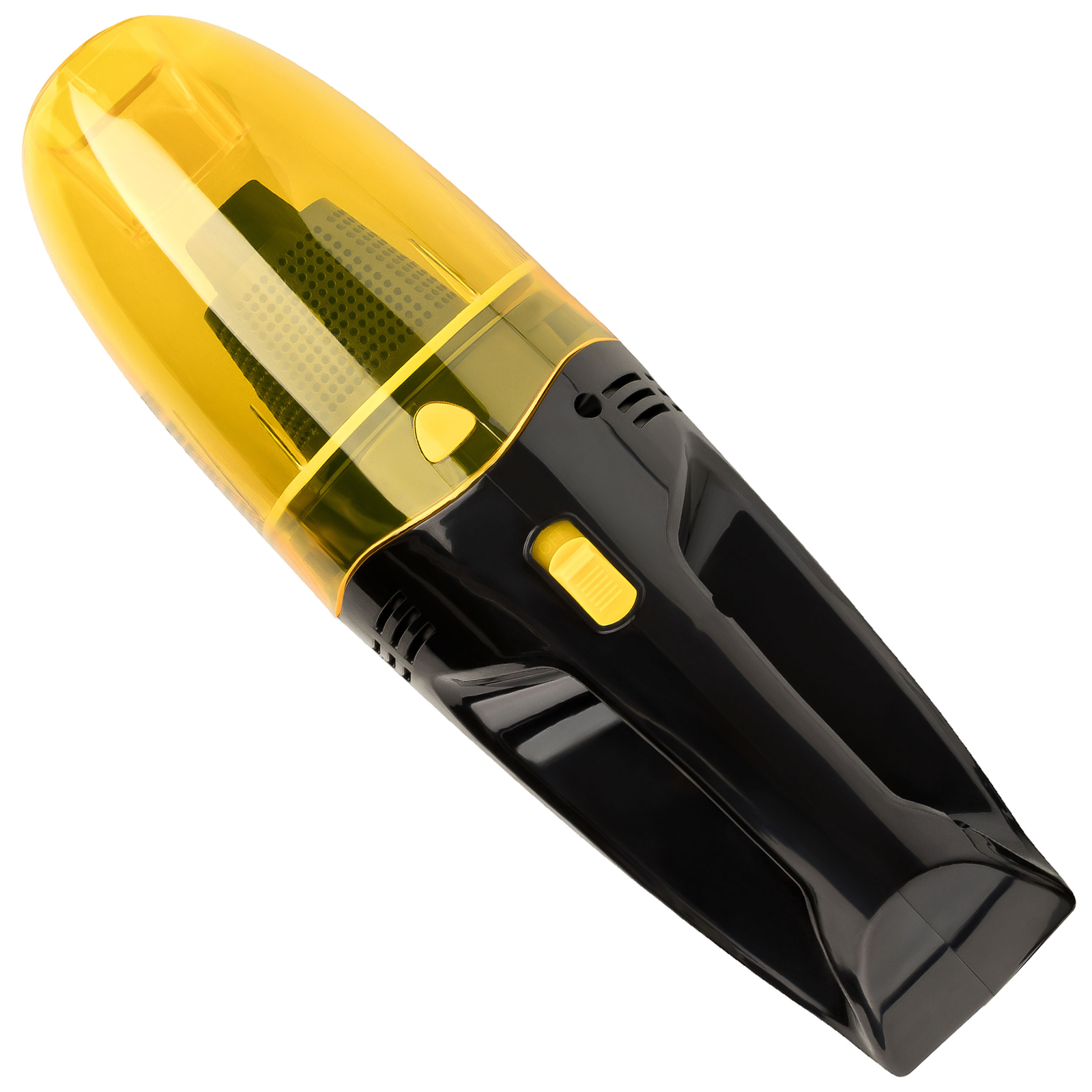 Aspirateur à main jaune et noir. Il a une partie supérieure jaune, une poignée noire et un bouton.