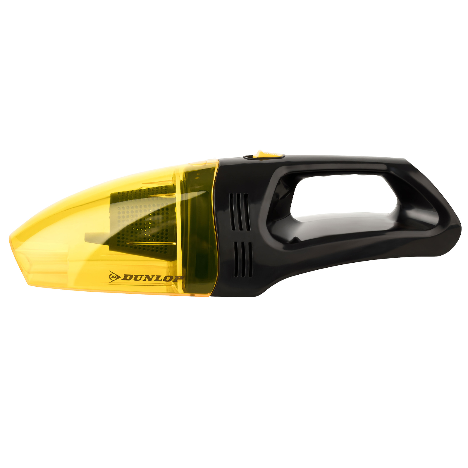 Un aspirateur à main Dunlop jaune et noir sur fond blanc.